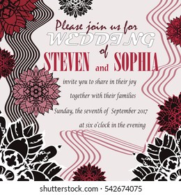 wedding invitation card with abstract floral ornament and linear elements