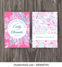 Wedding invitation card. Abstract flowers background in doodle style. Vector Template. 