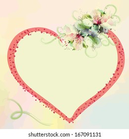 Wedding invitation card with abstract heart and bouquet of flowers in pastel colors