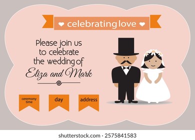 Wedding  invitation card with abstract images of bride and groom.
Perfect vector card template for celebrating love. 