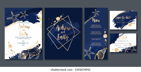 Wedding invitation card with abstract navy blue background and gold seashells. Menu card, Save the Date and RSVP card templates