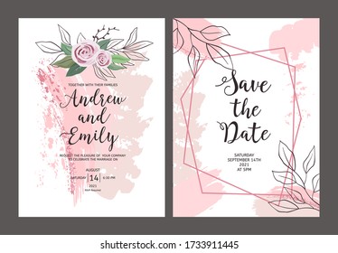 Wedding invitation card with abstract pastel pink background, hand drawn roses and leaves. Save the Date card