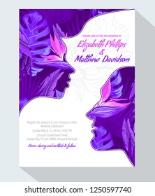 Wedding invitation card with abstract purple background of 
 tropical leaves and stylized male and female faces
