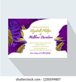 Wedding invitation card with abstract purple background of 
 tropical leaves and stylized face of women and men.