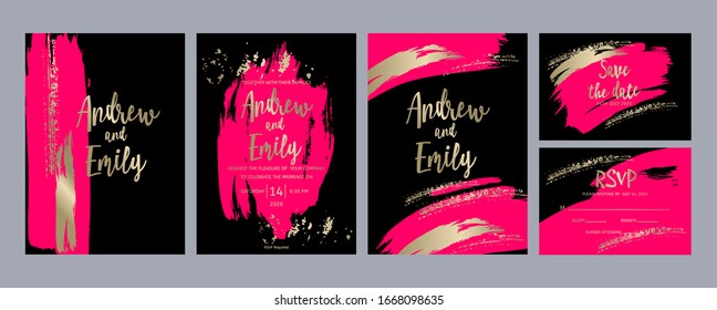 Wedding invitation card with abstract red, gold and black brush strokes . Save the Date and RSVP card templates