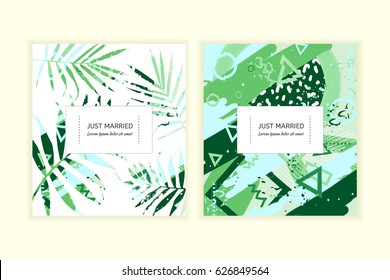 Wedding invitation card. Abstract trendy colors wedding invitation. Cards set with palm leaves and flowers. Universal floral cards.