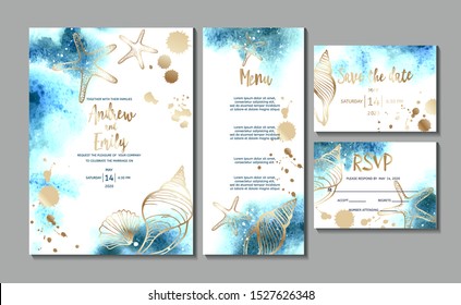 Tarjeta de invitación a bodas con fondo de acuarela abstracta y conchas doradas. Tarjeta de menú, Guardar las plantillas de tarjetas Date y RSVP