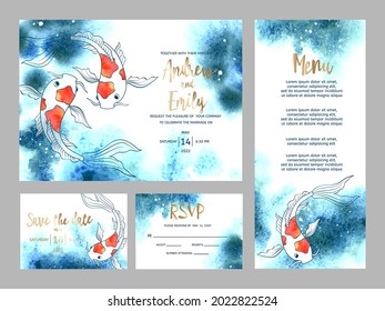 Wedding invitation card with abstract watercolor background and koi carp fishes. Menu card, Save the Date and RSVP card templates