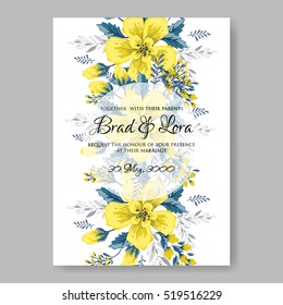 Wedding invitation card with abstract yellow floral background.  Romantic yellow peony bouquet bride wedding invitation template design.