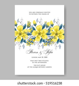 Wedding invitation card with abstract yellow floral background.  Romantic yellow peony bouquet bride wedding invitation template design.