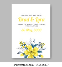 Wedding invitation card with abstract yellow floral background.  Romantic yellow peony bouquet bride wedding invitation template design.