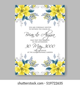 Wedding invitation card with abstract yellow floral background.  Romantic yellow peony bouquet bride wedding invitation template design.