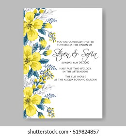 Wedding invitation card with abstract yellow floral background.  Romantic yellow peony bouquet bride wedding invitation template design.