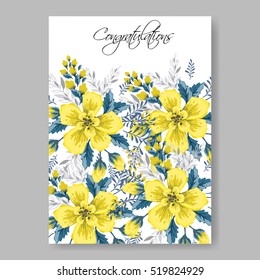 Wedding invitation card with abstract yellow floral background.  Romantic yellow peony bouquet bride wedding invitation template design.