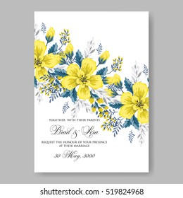 Wedding invitation card with abstract yellow floral background.  Romantic yellow peony bouquet bride wedding invitation template design.