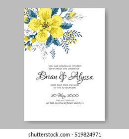Wedding invitation card with abstract yellow floral background.  Romantic yellow peony bouquet bride wedding invitation template design.