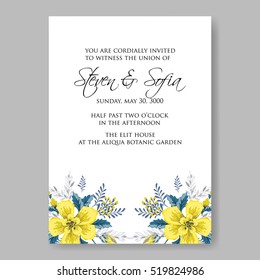Wedding invitation card with abstract yellow floral background.  Romantic yellow peony bouquet bride wedding invitation template design.
