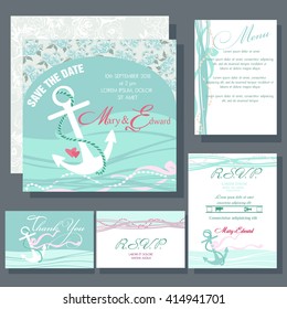 Wedding invitation card with anchor in blue colors. Ocean and Nautical motive. RSVP, Menu card 