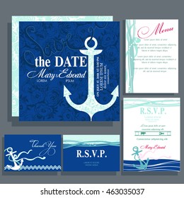 Wedding invitation card with anchor in blue colors. Ocean and Nautical motive. RSVP, Menu card 