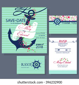 Wedding invitation card with anchor entwined small flowers in white and blue colors. Ocean and Nautical motive. RSVP card