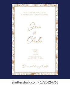 Wedding invitation card with apple tree flowers. Gold and white leaves and brunch. Luxury vintage vector illustration. 
