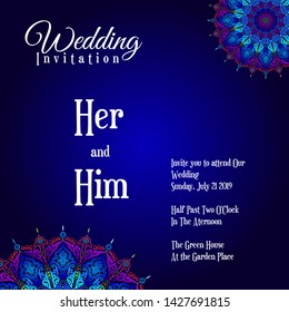 Wedding invitation card arabesque modern. Blue and purple color dominant with floral ornament in vector elegant template - vector