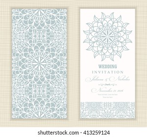 Wedding invitation card arabic, mandala, blue and beige.