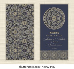 Wedding  Invitation Card Arabic, Mandala, Blue And Gold. 