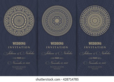 Wedding invitation card arabic, mandala, blue and gold.