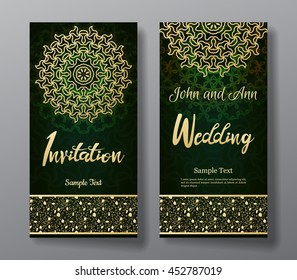 Wedding invitation card with arabic mandala and floral pattern border. Lettering title. Vector illustration