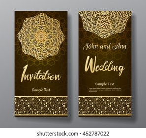 Wedding invitation card with arabic mandala and floral pattern border. Lettering title. Vector illustration