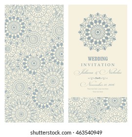 Wedding invitation card arabic, mandala, blue and beige.
