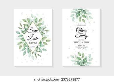 Wedding invitation card. Background with botanical leaves. Botanical illustration. Watercolor.