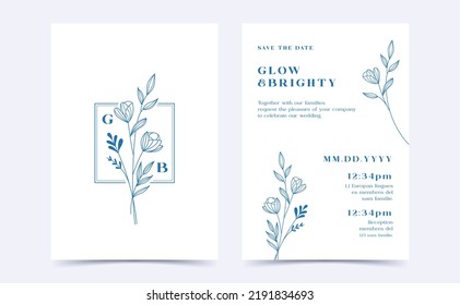 Wedding invitation card background with golden line art flower and botanical leaves, Organic shapes. Card template save the date, invitation, greeting card, multi-purpose vector