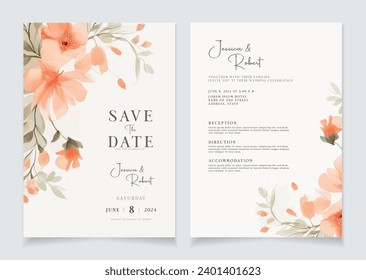 Fondo de la tarjeta de invitación de boda con arte de línea, flor acuarela y hojas botánicas, formas orgánicas. Afiche floral, plantilla de tarjeta de invitación