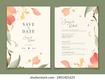 Fondo de la tarjeta de invitación de boda con arte de línea, flor acuarela y hojas botánicas, formas orgánicas. Afiche floral, plantilla de tarjeta de invitación
