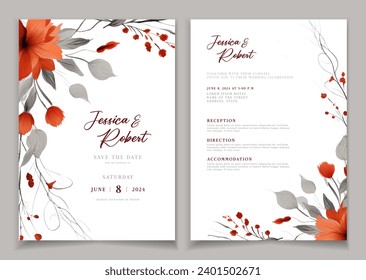Wedding invitation card background with line art, watercolor flower and botanical leaves, organic shapes. Floral poster, invite card template