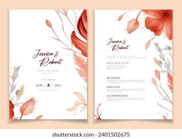 Wedding invitation card background with line art, watercolor flower and botanical leaves, organic shapes. Floral poster, invite card template