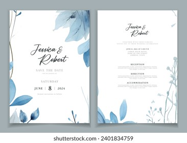 Fondo de la tarjeta de invitación de boda con arte de línea, flor acuarela y hojas botánicas, formas orgánicas. Afiche floral, plantilla de tarjeta de invitación