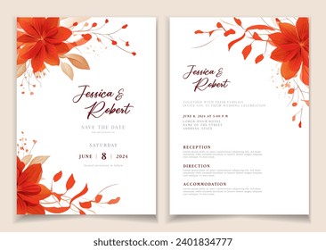 Wedding invitation card background with line art, watercolor flower and botanical leaves, organic shapes. Floral poster, invite card template