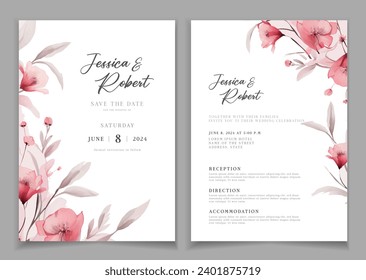 Wedding invitation card background with line art, watercolor flower and botanical leaves, organic shapes. Floral poster, invite card template