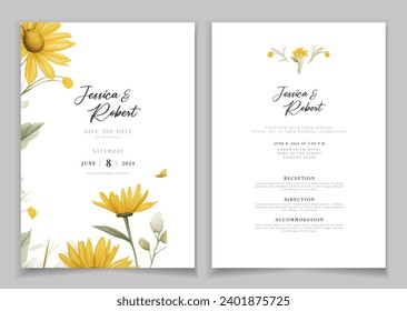 Wedding invitation card background with line art, watercolor flower and botanical leaves, organic shapes. Floral poster, invite card template