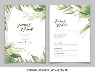 Fondo de la tarjeta de invitación de boda con arte de línea, flor acuarela y hojas botánicas, formas orgánicas. Afiche floral, plantilla de tarjeta de invitación