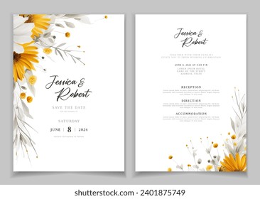 Wedding invitation card background with line art, watercolor flower and botanical leaves, organic shapes. Floral poster, invite card template