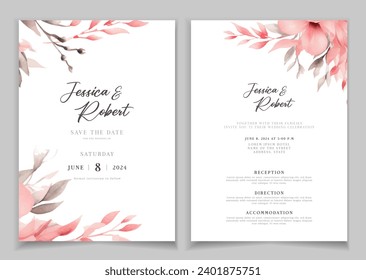 Wedding invitation card background with line art, watercolor flower and botanical leaves, organic shapes. Floral poster, invite card template