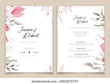 Fondo de la tarjeta de invitación de boda con arte de línea, flor acuarela y hojas botánicas, formas orgánicas. Afiche floral, plantilla de tarjeta de invitación