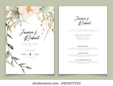Wedding invitation card background with line art, watercolor flower and botanical leaves, organic shapes. Floral poster, invite card template