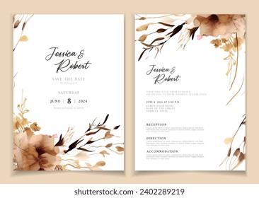 Wedding invitation card background with line art, watercolor flower and botanical leaves, organic shapes. Floral poster, invite card template