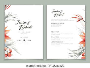 Wedding invitation card background with line art, watercolor flower and botanical leaves, organic shapes. Floral poster, invite card template