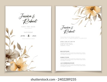 Wedding invitation card background with line art, watercolor flower and botanical leaves, organic shapes. Floral poster, invite card template